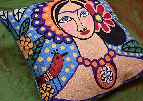 קשמיר מעצב שרשרת כיסוי כרית בלה סניוריטה | כריות אמנות מקסיקניות רקומות יד | כריות תוכי כחול | כרית ציפורים |